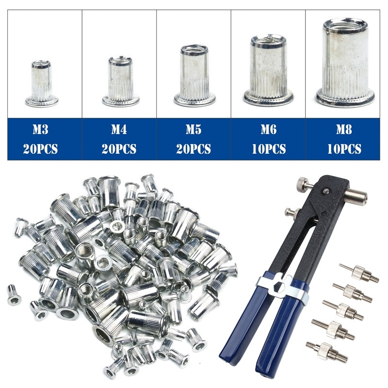 Blind Hand Klinknagel Noten Schroefdraad Insert Rivet Tool Klinkhamer Gun met Nutsert Klinken Huishoudelijke Reparatie Tools Set 86Pcs M3-M8