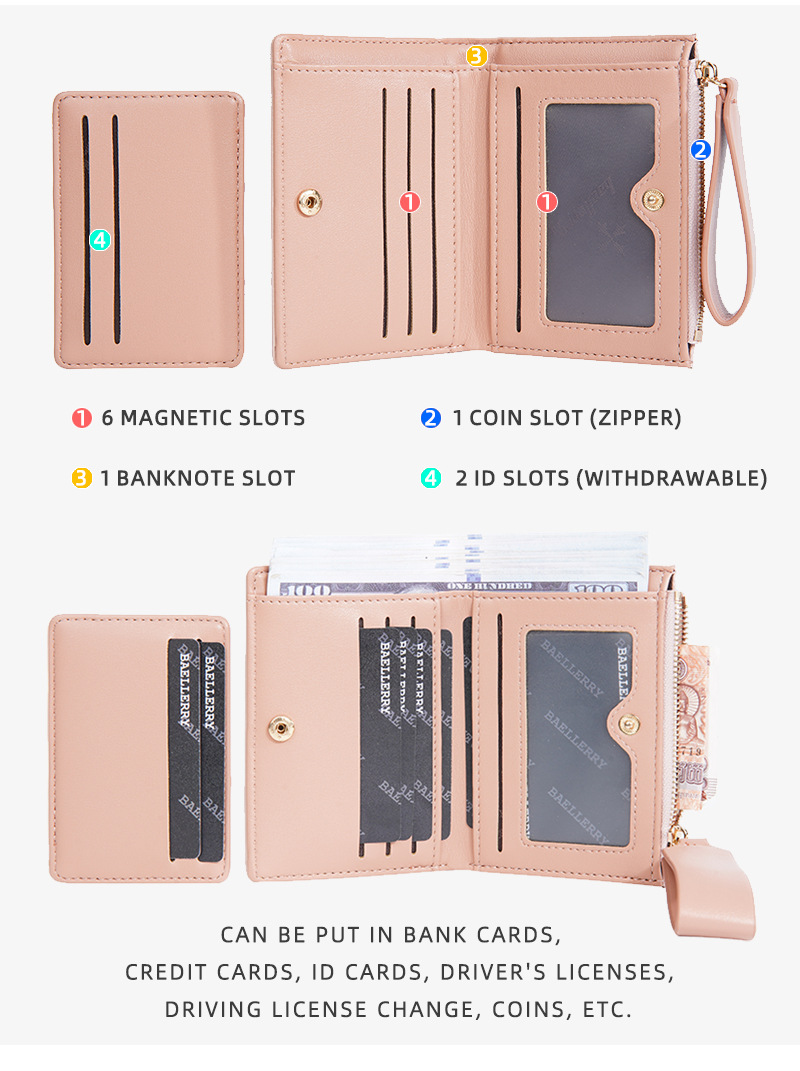 Damelommebok med kort glidelås stilig og eksklusiv lommebok flere kortspor japansk og koreansk kortveske for kvinner