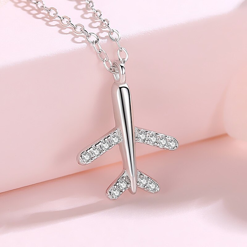 Einfache Flugzeuge Flugzeug Zirkonia Sterling Silber Anhänger Halskette Für Frauen Schlüsselbein Kette Koreanische Schmuck