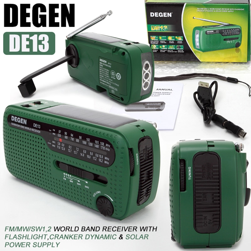100%  original degen radio  de13 mottagare fm mw sw vev dynamo nödportabel världsradioinspelare grön  a0798a