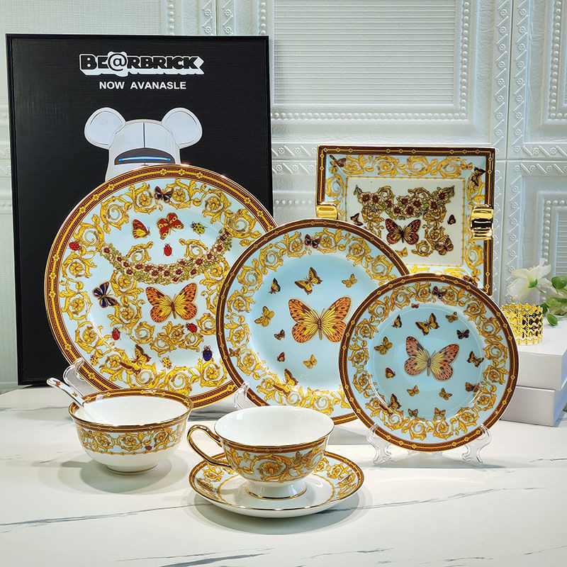 European Butterfly Tableware Set, Steak Plate, Noodle Bowl, Soup Bowl, Rice Bowl, Spoon Decoration,