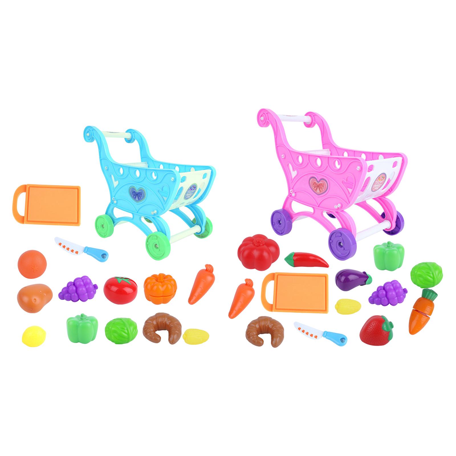 14Pcs/Set Shopping Trolley Cart Supermarket Trolley Basket Mini Simulation Fruit Food Imaginative Play