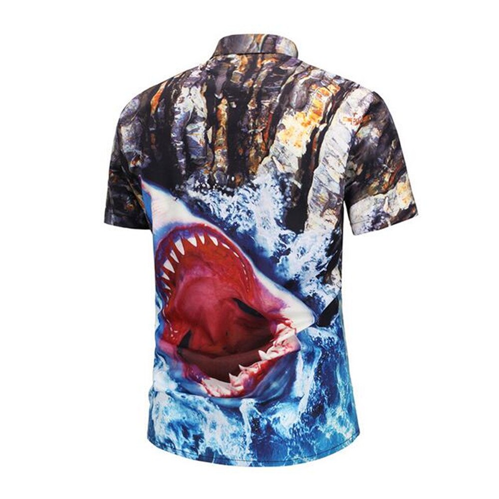 Zomer Mens Shark Shirts Korte Mouw Afdrukken Slim Mannen Blouse Casual Kleding Strand Overhemd