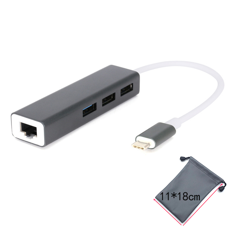 Eksternt netværkskort thunderbolt 3 to ethernet 3 porte usb 3.0 hub type c til  rj45 100 mbps lan adapter data til macbook: Grå med taske