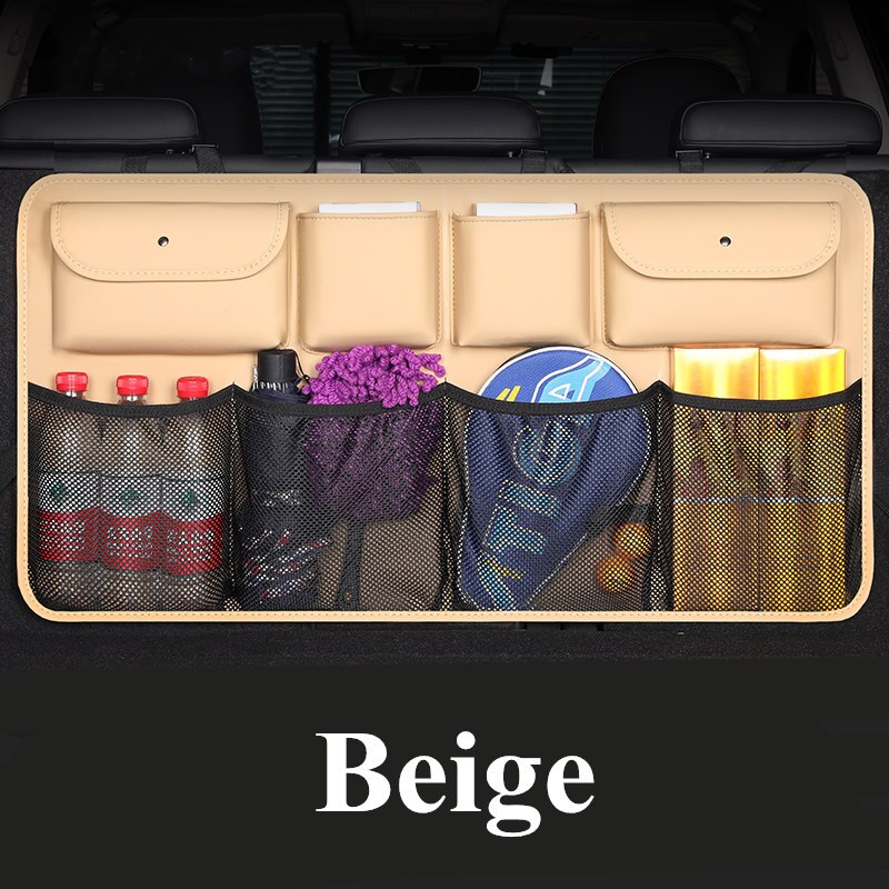 Læder bil bagsæderyg opbevaringstaske multi lomme bil bagagerum organizer auto opbevaring oprydning interiør tilbehør: Beige lædernet