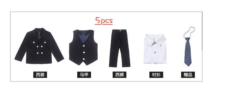 Barn gutter stripete marineblå dresser til bryllup gutter skoledress formell dress barn gutt kjekk dress blazer: Marineblå 5 stk / 5