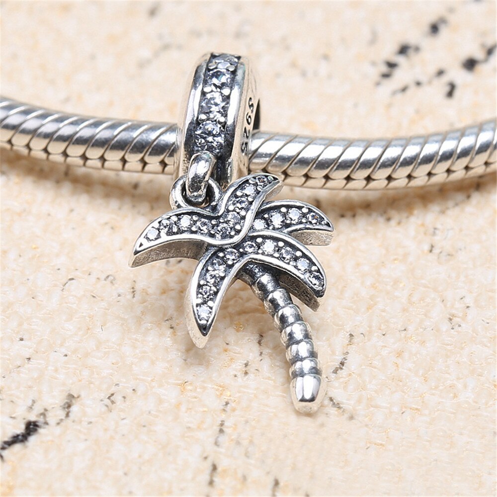 Genuine 925 Sterling Silver Bead Charm Vintage Palm Tree With Crystal Pendant Beads Fit pan Bracelet & Necklace Jewelry
