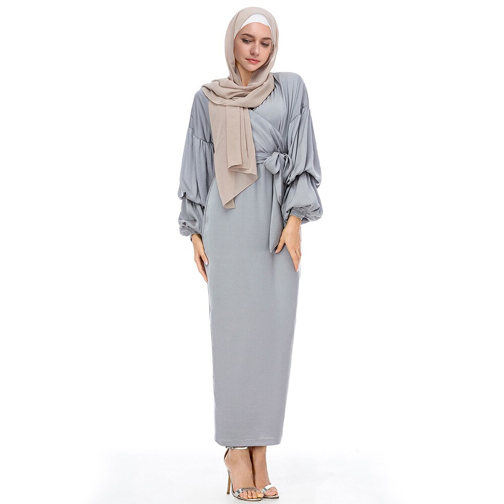 Autumn Muslim Abaya Dress Women Slim Maxi Hijab Dresses Islamic Clothing Puff Sleeve Dubai Moroccan Kaftan Elbise Solid Color