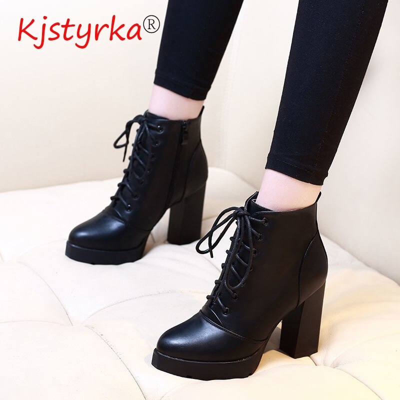 Ankle Boots For Women High Heels Short Boots Women Patent Leather Lace-up Red Black Shoes Lady Large size 40