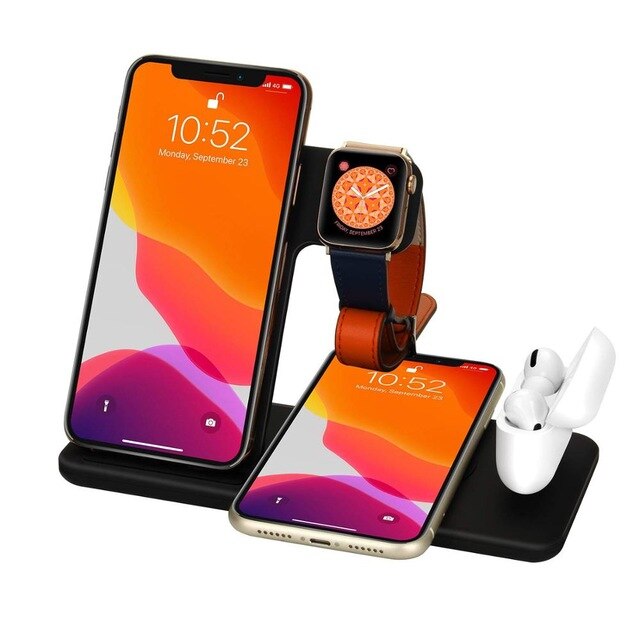 FDGAO 4 en 1 Station de charge sans fil pour Apple Watch 6 5 4 3 AirPods Qi 15W chargeur rapide Station de charge pour iPhone 12 11 XS XR: 4 IN 1 black Stand