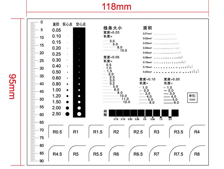 65x100mm Standard Point Gauge Film Ruler Line Width Diameter Area Comparison Card Micrometer for Defect Detection: 8