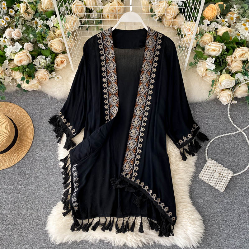 Teelynn Wit Katoen Etnische Borduren Kimono Robe Vrouw Lange Blouse Vest Ssummer Boho Strand Tassle Bohemian Bikini Cover Up