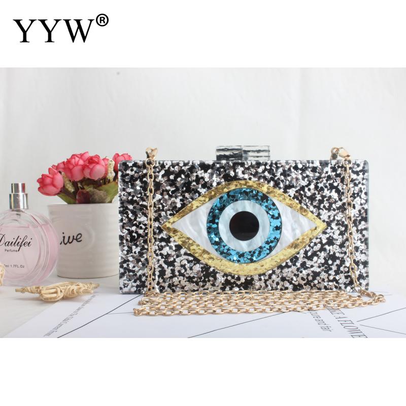 Acryl crossbody tas, dames clutch in de stijl van ogen, zilvergouden pailletten box clutches en handtassen met ketting, schoudertassen: Zwart