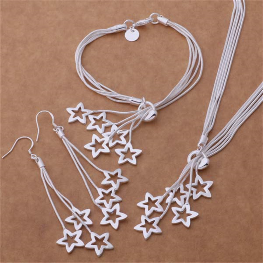Fine jewelry set 925 sterling silver classic for women lady wedding star Bracelet necklace earring chain