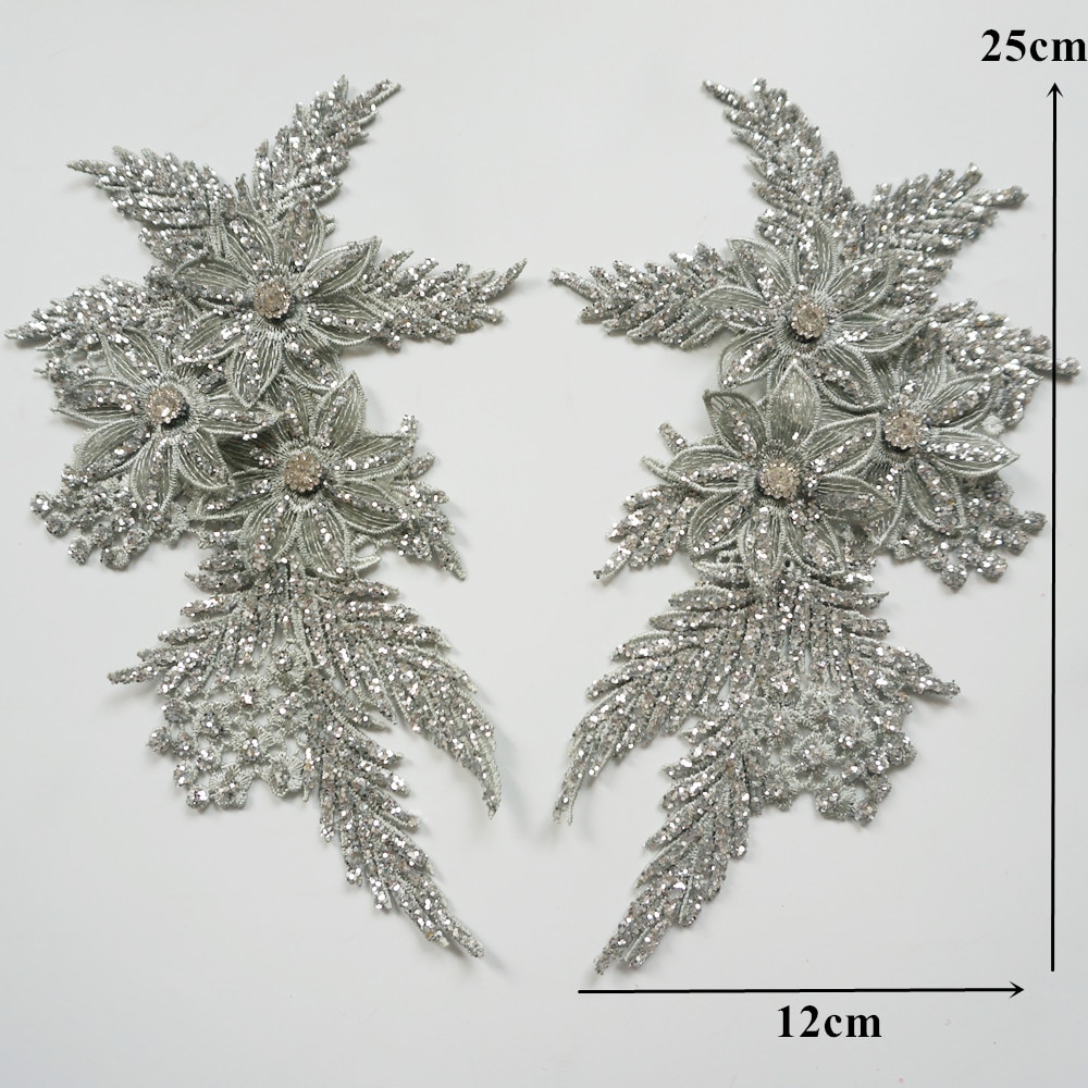 2Pcs Rhinestones Silver Sequin Embroidered Lace Applique Sewing Flower Fabric Patch Wedding Gown Bridal Dress Clothes DIY Crafts