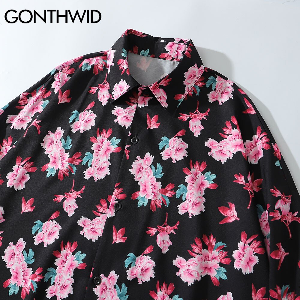 Gonthwid Pioen Bloemen Bloemenprint Lange Mouwen Hawaiiaanse Strand Shirts Heren Zomer Casual Button Down Strand Blouse Tops