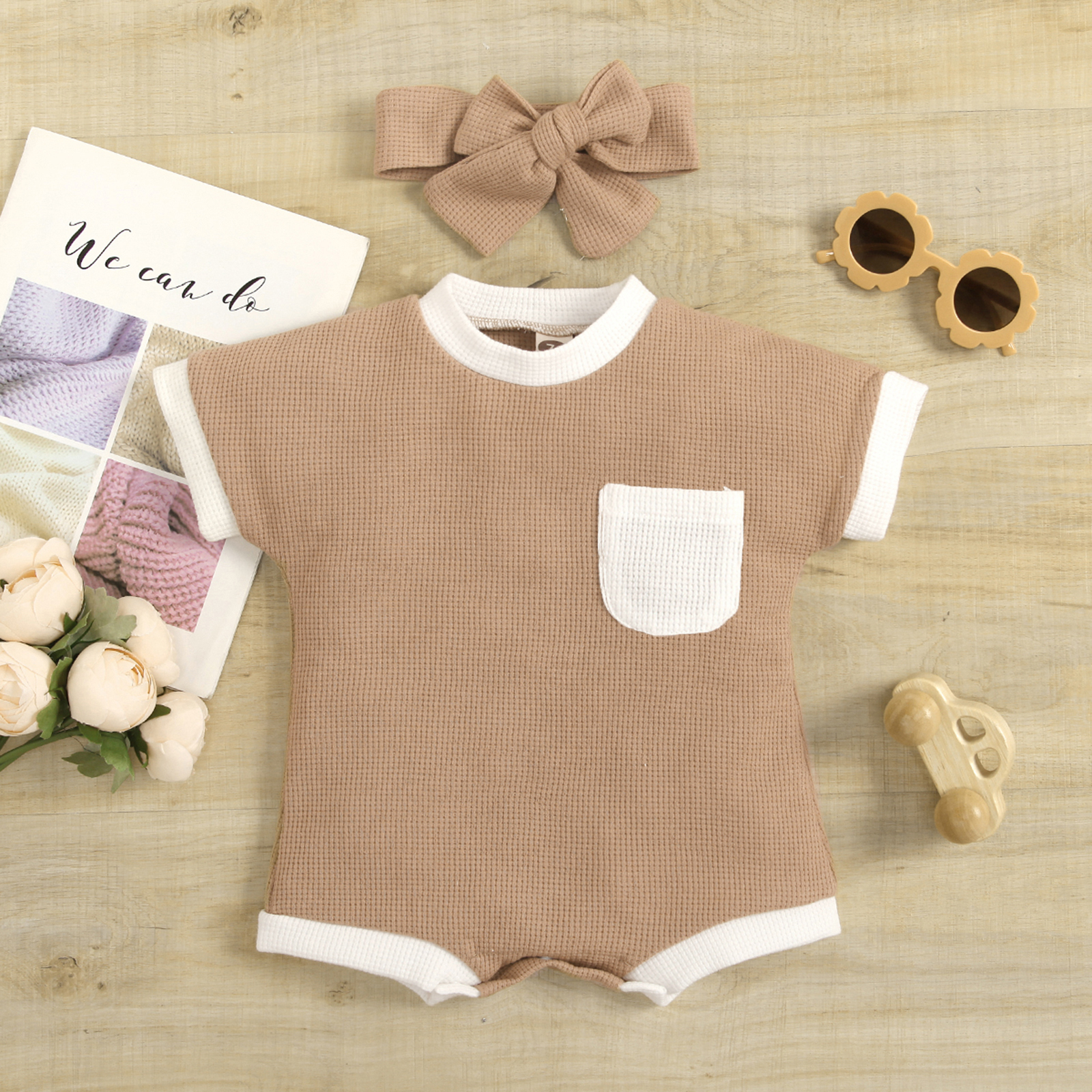 2022 Summer Cute Infant Baby Girls Boys Romper Outfits Patchwork Waffle Short Sleeve Jumpsuit Playsuit+Bowknot Headband Set