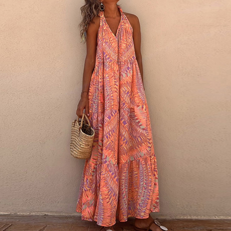 Kvinders løs off-shoulder boheme maxikjole festklub femme halterneck chic rygløs kjole strandstil løse print kjoler vestido: S / Sort