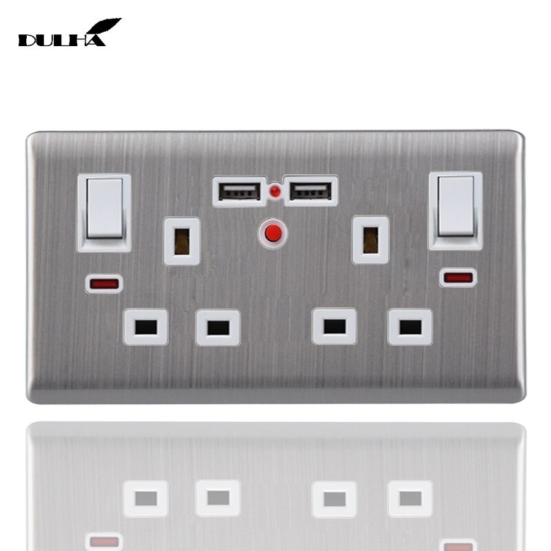 UK 13A Twin Double USB Charger Wall Switched Socket 2 Gang Electrical Power With 2 USB Ports Outlet Luxury Stainless Steel Panel