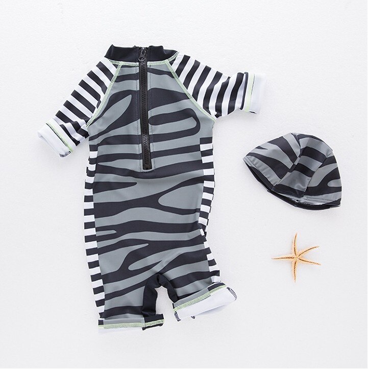 Personlighed sort/hvid stribe zebra mønster baby boy conjoined badetøj med badehætte 3093
