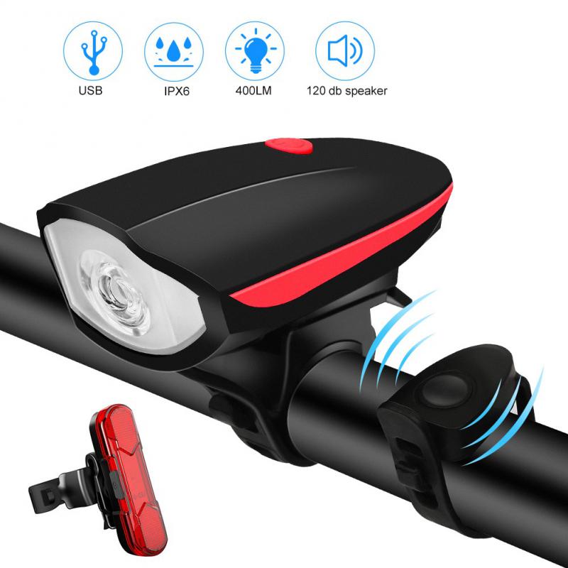 Bicycle Light Front Rechargeable 120db Bike Horn Light MTB Headlight Bicycle Lantern Cycling LED Flashlight Bike Accessories: horn light and rear