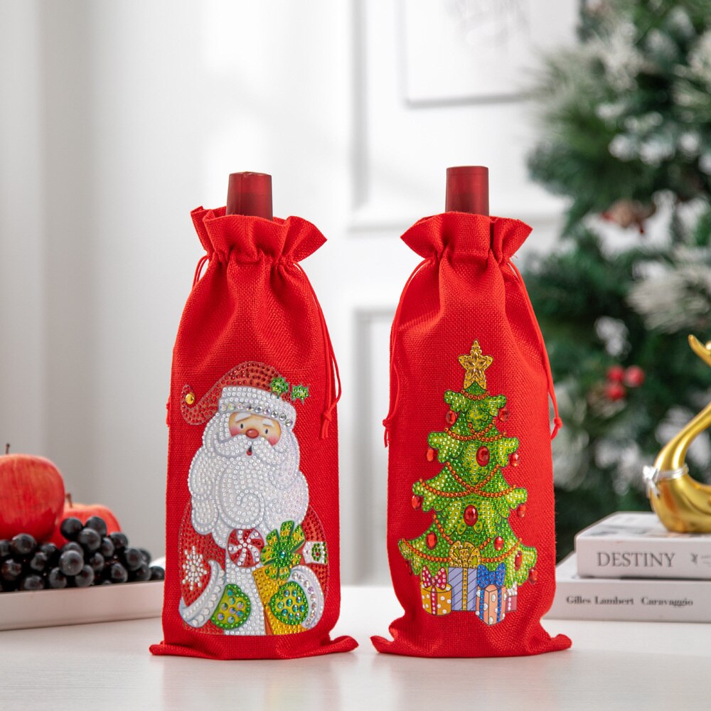 Diy Diamant Schilderen Kerst Wijnfles Zakken Cover Vrolijk Kerstfeest Xmas Wijn Fles Tasje Jaar Tafel Decoratie