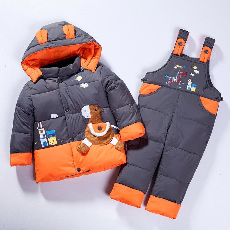Manteau d'hiver duvet de canard pour enfants | Ensemble de vêtements pour enfants, veste à capuche, pantalon, ensemble combinaison, dessin animé poney, combinaison de neige TZ123: Grey / 24M