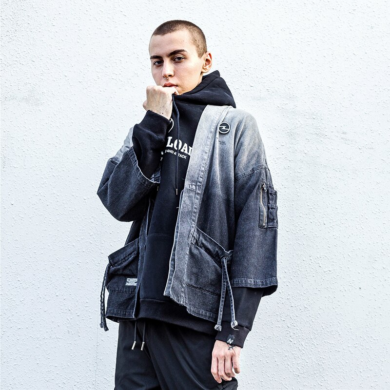 Mirecoo Men Denim kimono Jacket Gradient Open Stitch Jacket Men Windbreaker High Street Hip Hop Men Coat Clothing Autumn