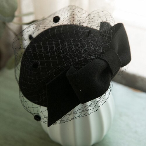 White Green Pure Wool Berets Women Classic Face Veil Mesh Fedora Headwear Ladies Church Wedding Royal Banquet Cocktail Bow Hat: black
