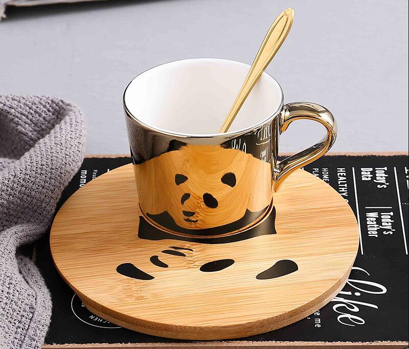 Plating Mirror Reflection Ceramic Coffee Mugs With Wood Dish Tea Cups Drinkware Send Box: 1