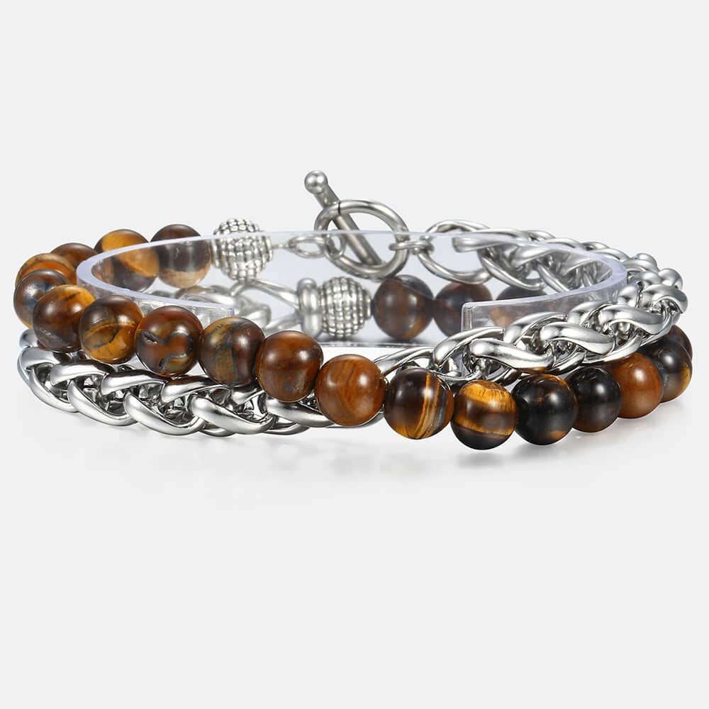 Unico Naturale Occhio di Tigre Pietra degli uomini Braccialetto di Perline In Acciaio Inox Cuban Link Catena Bracciali Regali Maschili Dropshipping 8 "DLB68