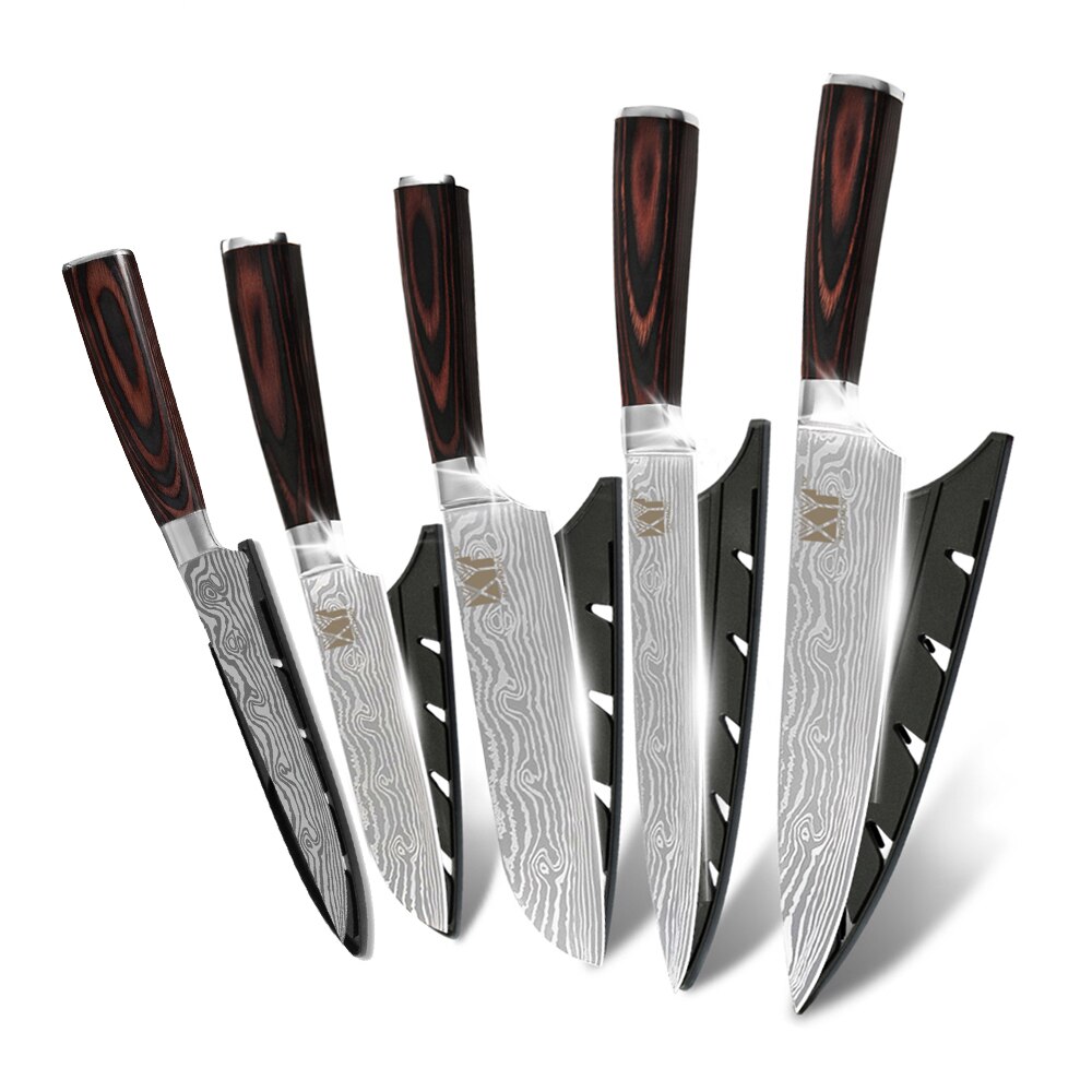 XYJ Razor Sharp Knives Set Pakka Wood Handle 7cr17 Stainless Steel Pattern Blade Santoku Chef Slicer Boning Kitchen Knife: Default Title
