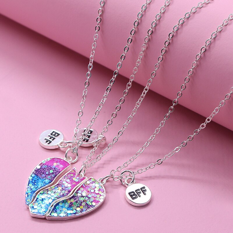 3 pack Bff Heart Pendant Necklace Colourful Broken Heart Pendant Chains Necklace For Women Girls: Style 3