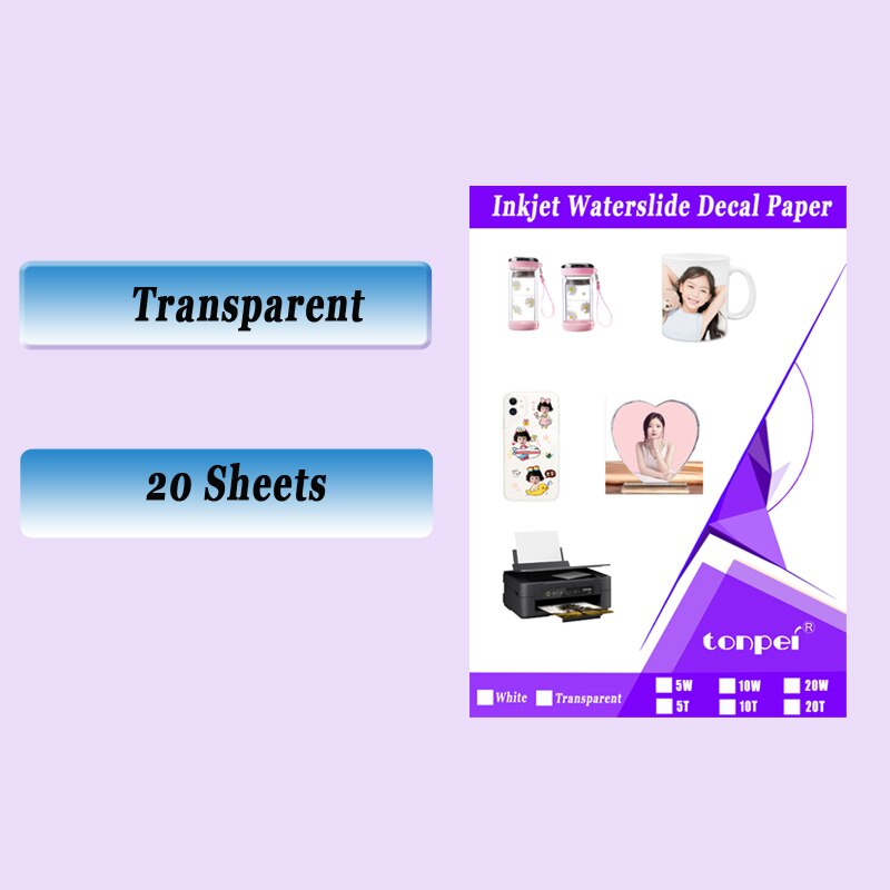 A4 Inkjet Waterslide Decal Paper Waterbased slide transfer paper White Transparent 5 10 20 Sheets: 20 transparent