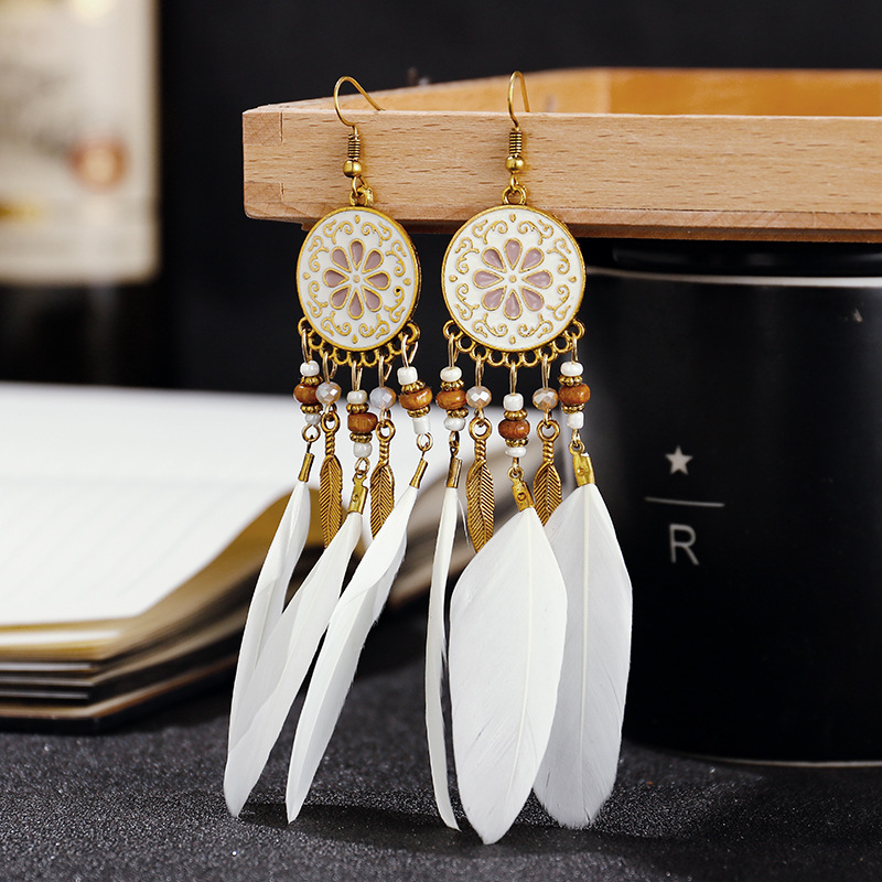 Pendientes bohemios largos de plumas colgantes para Mujer, Pendientes largos de playa con borlas, Pendientes esmaltados de flores hechos a mano, Pendientes de boda para novia para Mujer: orange