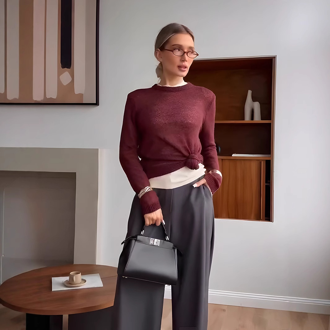 Ensfarget gjennomsiktig genser dame vår sommer rund hals enkel strikket genser Port dameklær