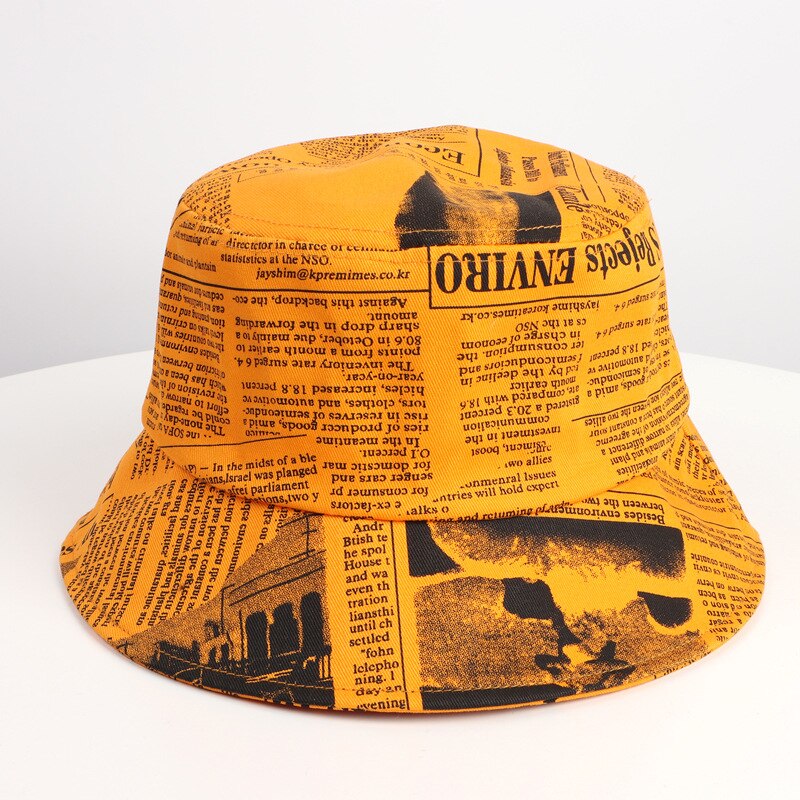 Sombrero de pescador Unisex con patrón de periódico antiguo, sombrero de cuenca impreso, tendencia urbana, sombrero de sol, sombrero de cubo Harajuku, sombrero de Hip-Hop al aire libre: YELLOW