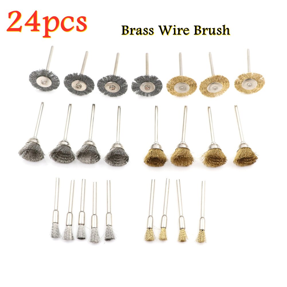 24pcs/Set Brass Steel Wheel Dremel Wire Brush Set For Dremel Tools Accessories Burr Abrasive Head Deburring Drill Tools