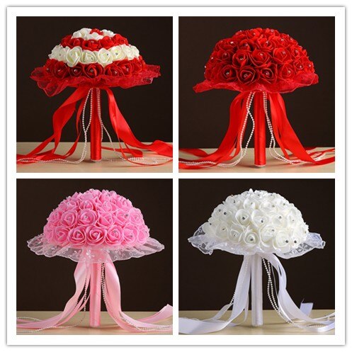 Amor boda Ramos de dama de honor boda decoración hecha a mano PE Artificial flores falsa Perla Ramos Rosa