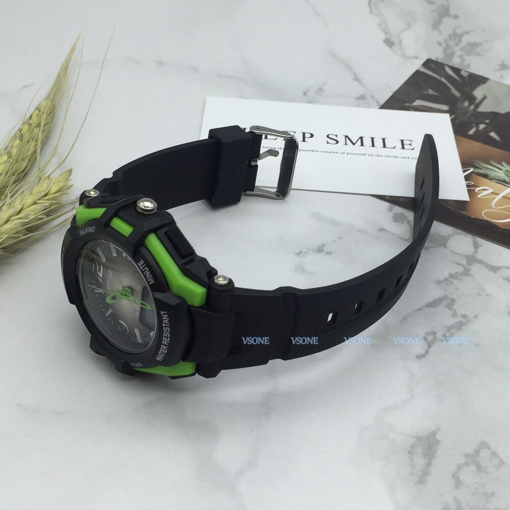 Spansk analog-digital dual display talende armbåndsur m/alarm til blinde og svagsynede, med sort ruber rem 861 zts-grn