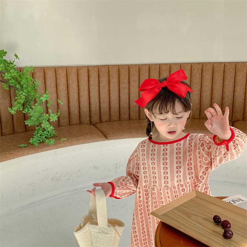 9988C 2022 Lente Linnen Katoen Meisjes Jurk Lange Mouwen Koreaanse Prinses Leuke Jurken Peuter Meisje Kleding: Red / 110cm 4T