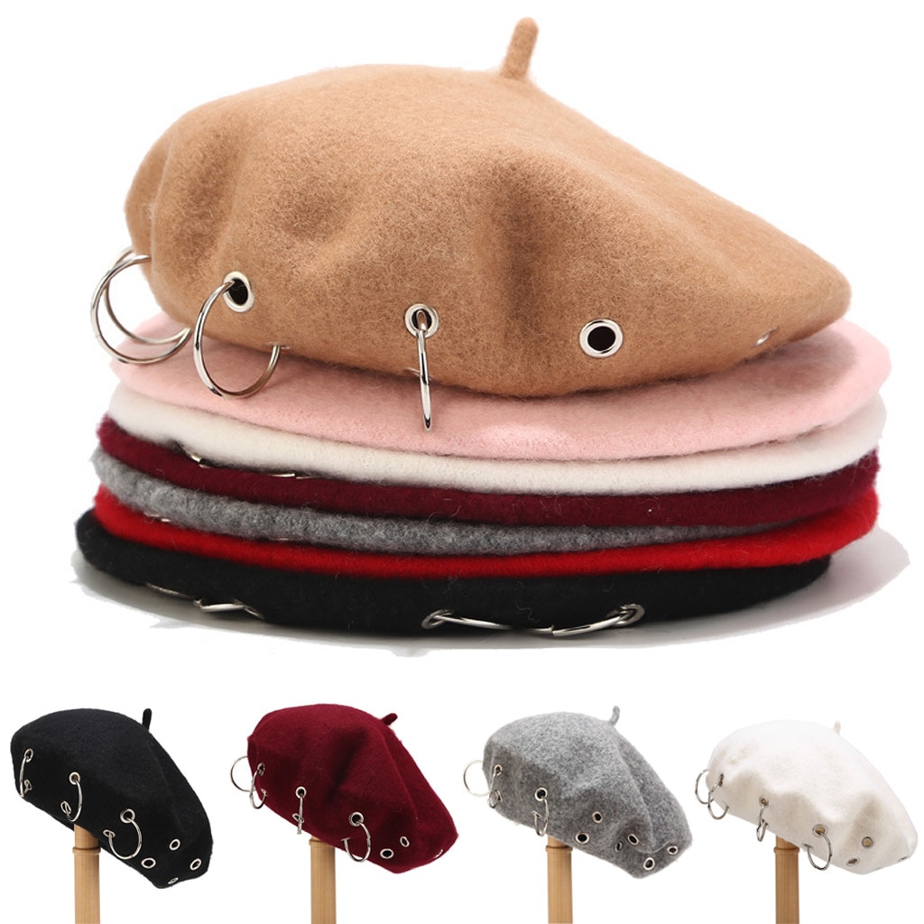 Boina Harajuku de estilo Punk Rock para mujer, boina con aros de hierro, gorros de lana Retro, boinas de pintor de lana negra