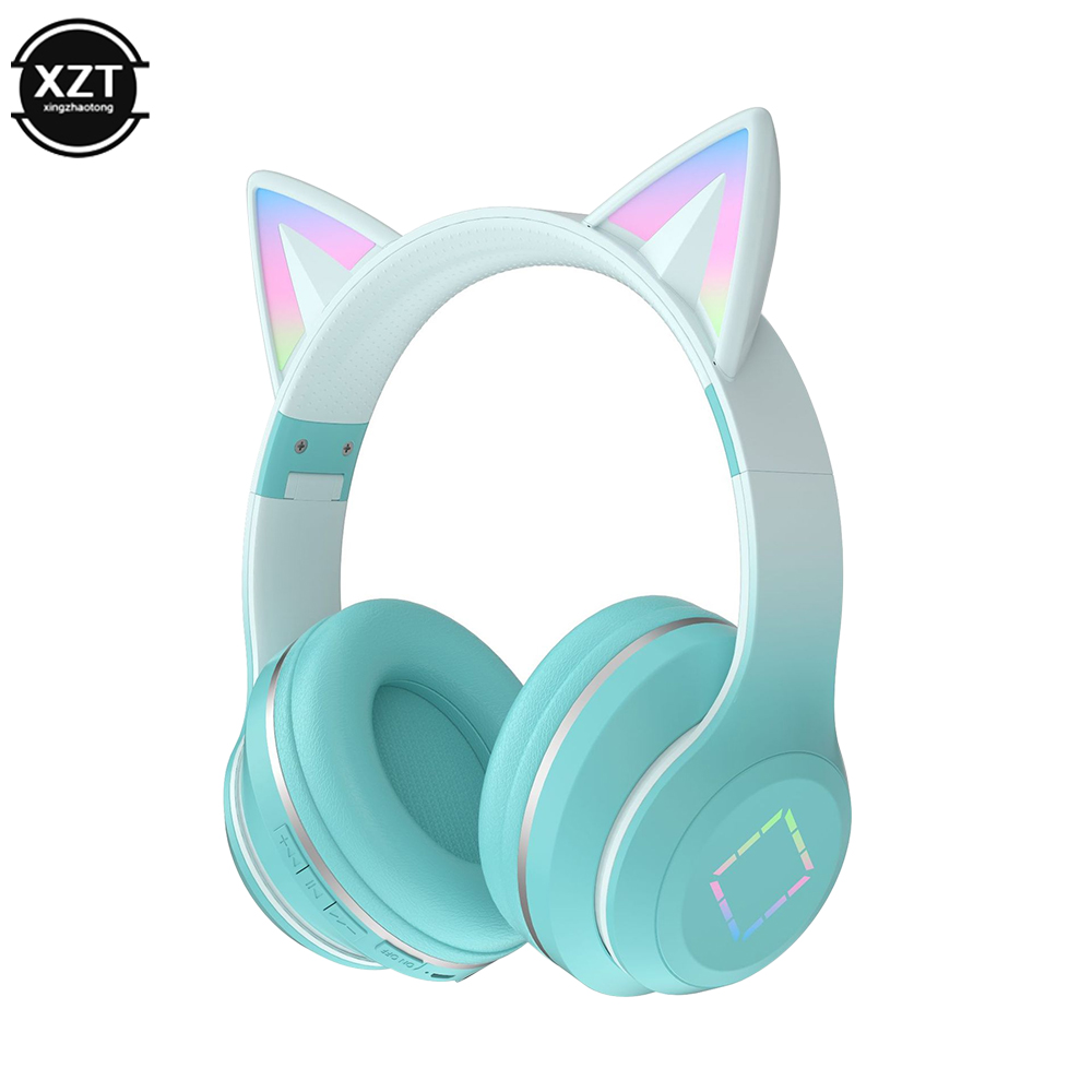 Headset Bluetooth 5.1 Draadloze Gamer Schattige Kat Oor Koptelefoon Met Microfoon Rgb Led Licht Voor Kinderen Pc Gamer Laptop Oordopjes