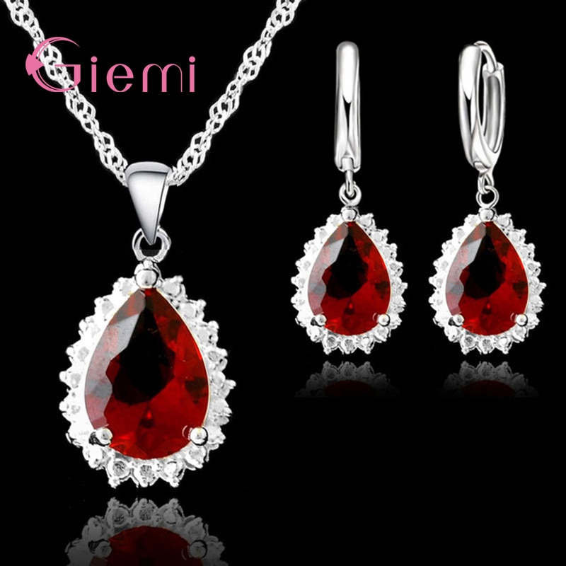 Gorgeous Retro Red Water Crystals Pendant Necklace Earrings 925 Sterling Silver Jewelry Set For Woman Lady Party