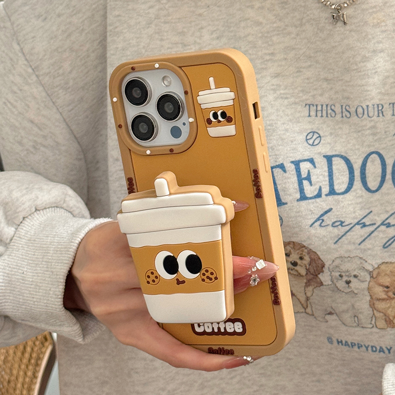 Support de tasse à café pliable en silicone souple pour iPhone, coque arrière 3D, support drôle, support pour iPhone 16 Pro Max, 15, 14, 13, 12, 11