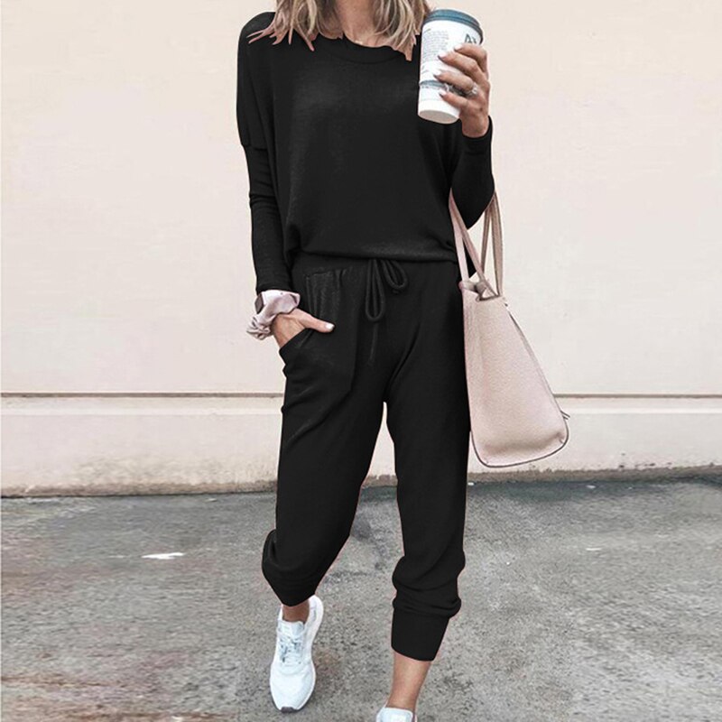 Vrouwen Broek Kleding Set Casual 2 Delige Set Kleding Solid Trainingspak Vrouwen Set Top Broek Dames Pak: black / L