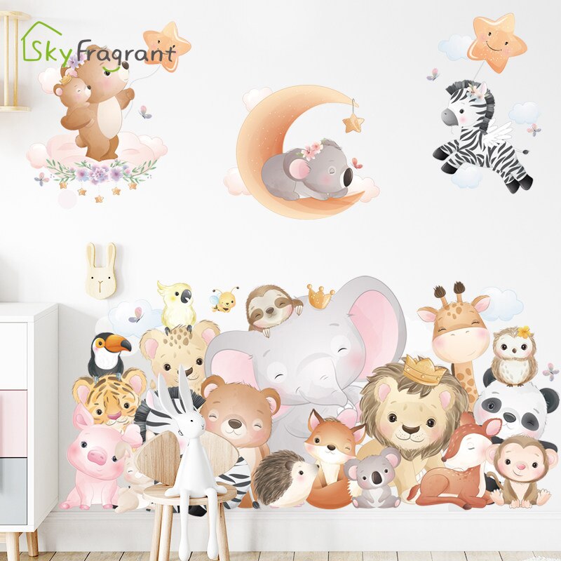 Cartoon Cute Animals Wall Stickers For Kids Rooms Baby Boy Bedroom Wall Decorations Self Adhesive Decoration Stickers Home Decor