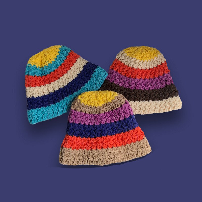 2022 Zomer Mode Regenboog Gestreepte Pot Hoed Japanse Bell-Vormige Hoeden Vrouwen Gehaakte Outdoor Opvouwbare Strand Cap Zomer Gorras