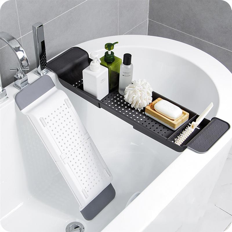 Drain Scalable Bathtub Tray Hollow out Shower Organizer Storage Rack for Bathroom Toilet Dark Grey