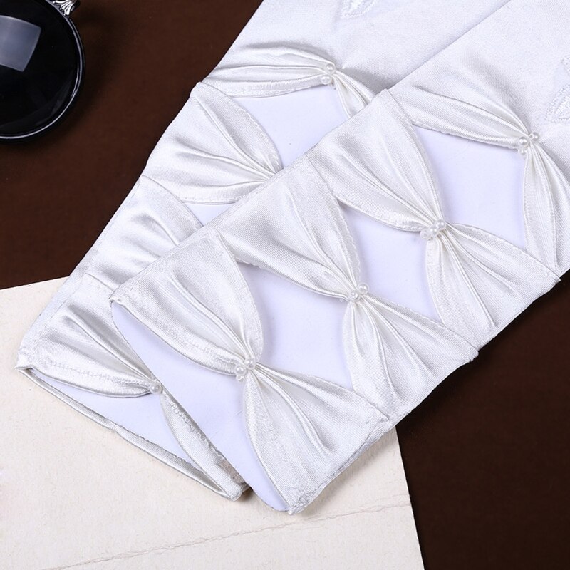 Hollow Fingerless Women Bridal Gloves Elbow Length Beaded Bow Wedding Prom Party